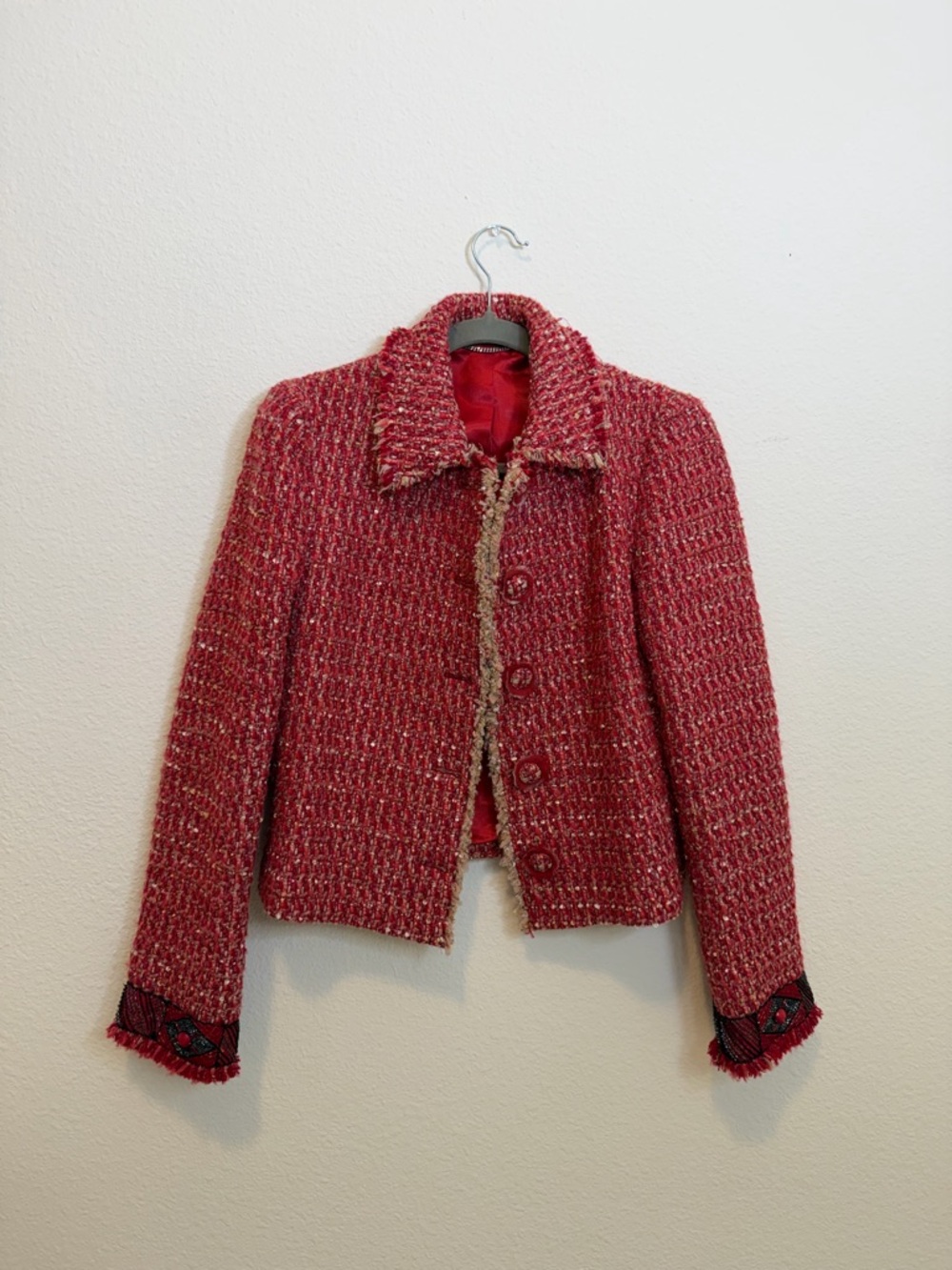 Blumarine Classic Red Tweed Beaded Detail Women's Jacket Blazer